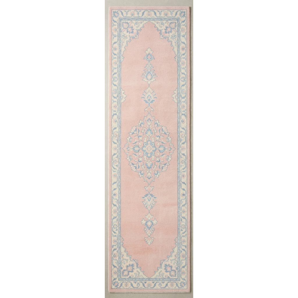 Blush Pink Persian Medallion Hand-Tufted Runner with Powder Blue Border - studio photo