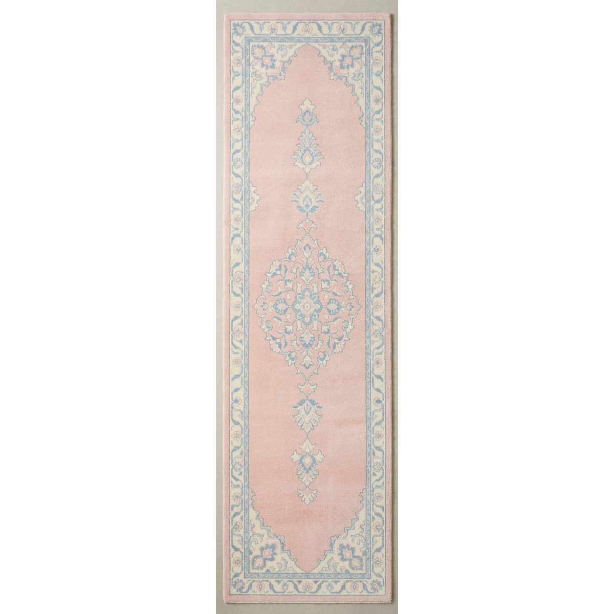 Blush Pink Persian Medallion Hand-Tufted Runner with Powder Blue Border - studio photo