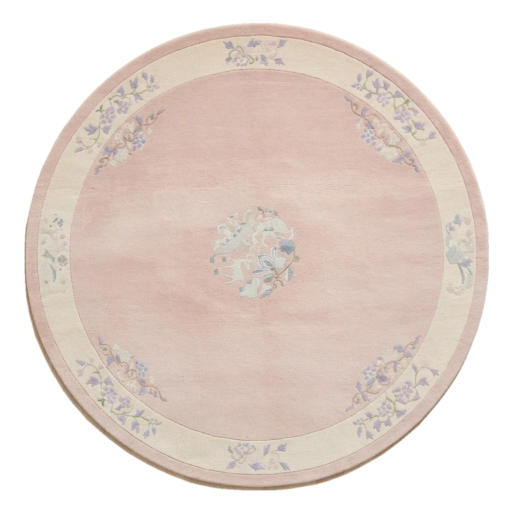 Blush Pink Round Chinese Art Deco Hand-Knotted Rug with Ivory Border - alternate view