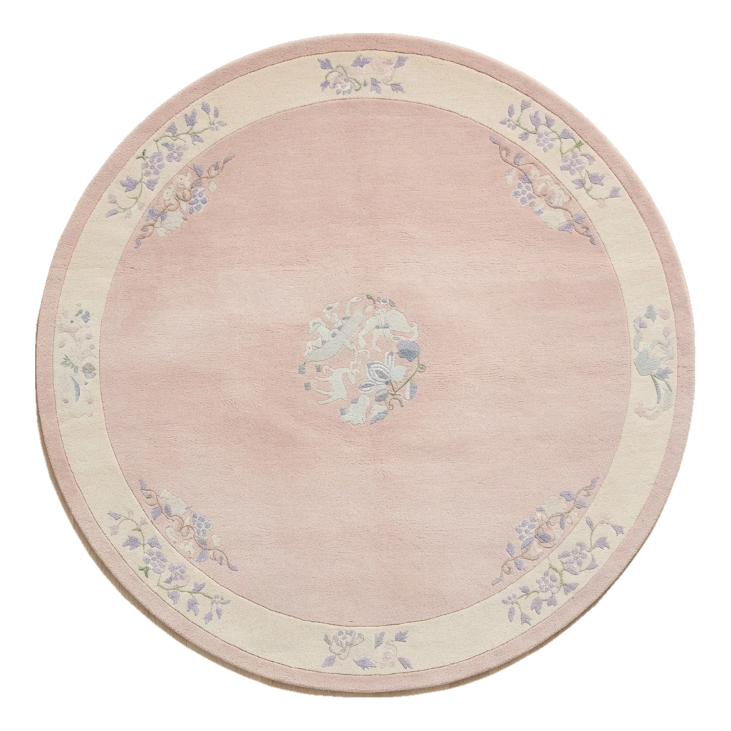 Blush Pink Round Chinese Art Deco Hand-Knotted Rug with Ivory Border - alternate view