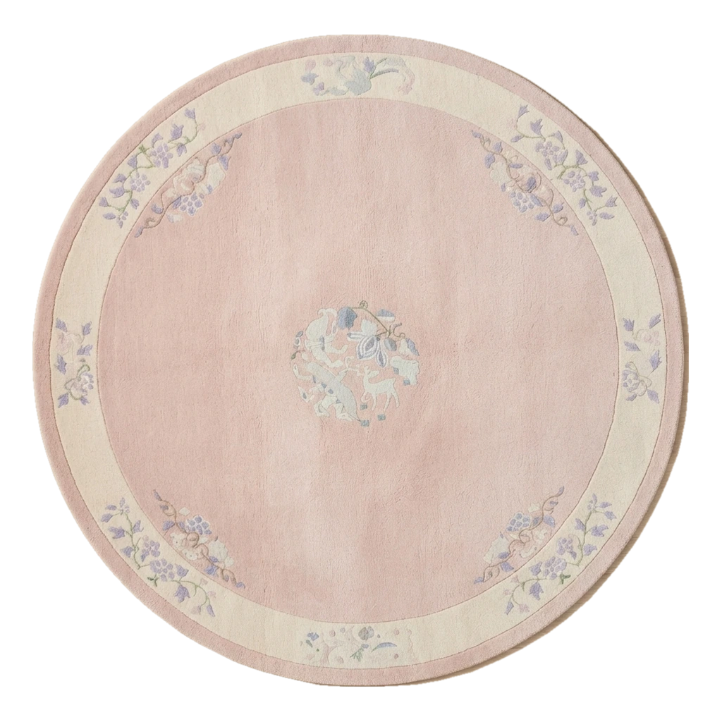 Blush Pink Round Chinese Art Deco Hand-Knotted Rug with Ivory Border