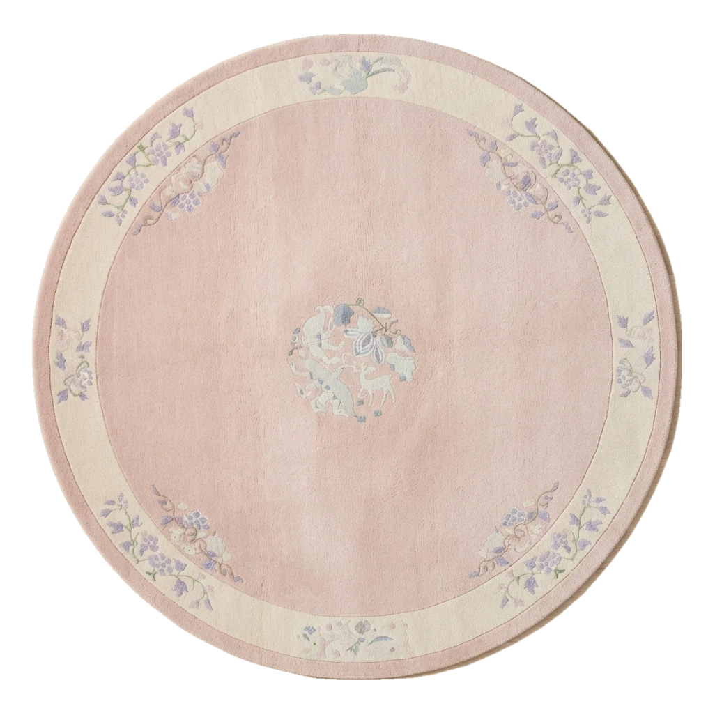 Blush Pink Round Chinese Art Deco Hand-Knotted Rug with Ivory Border