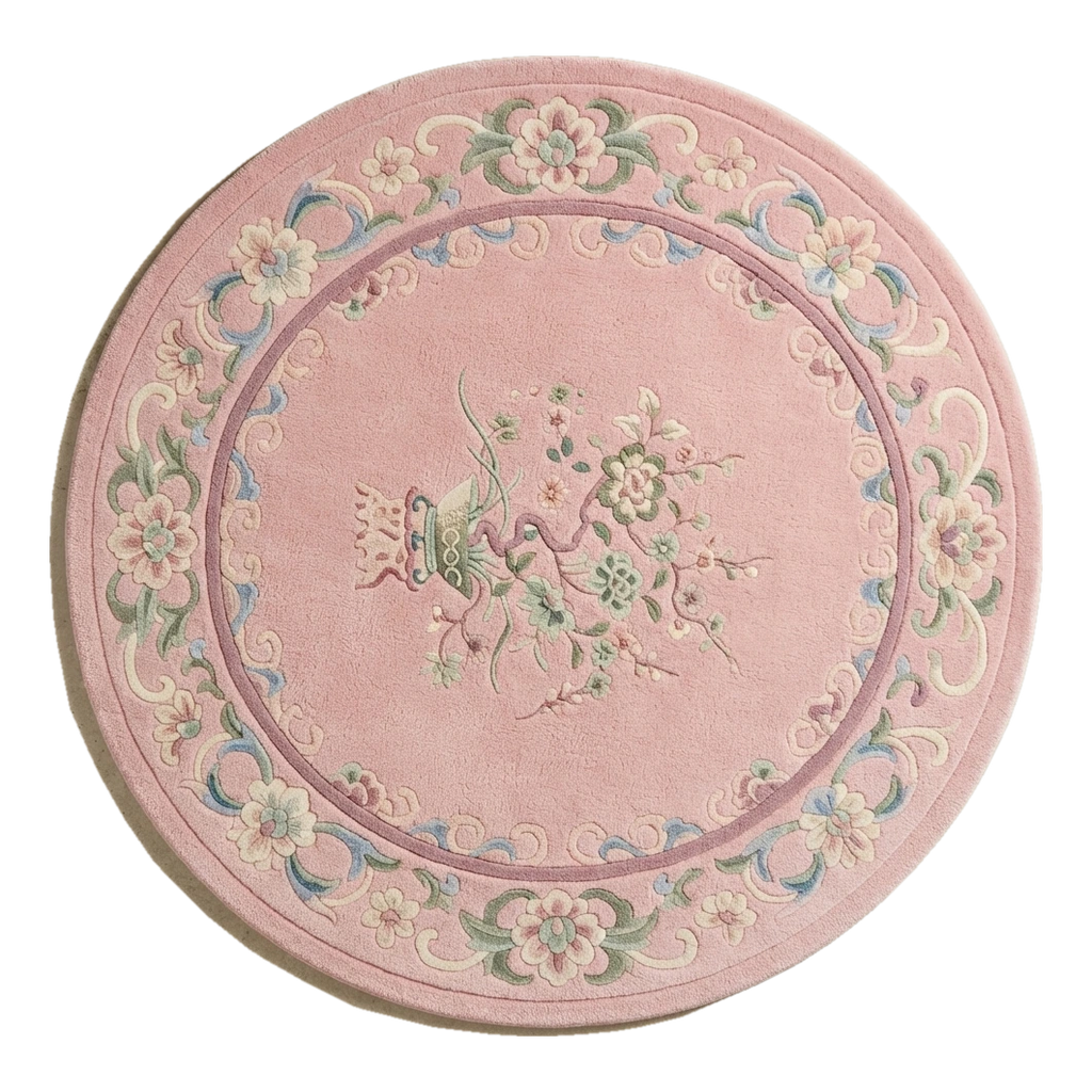 Blush Pink Round Chinese Art Deco Hand-Tufted Rug with Floral Border - alternate view