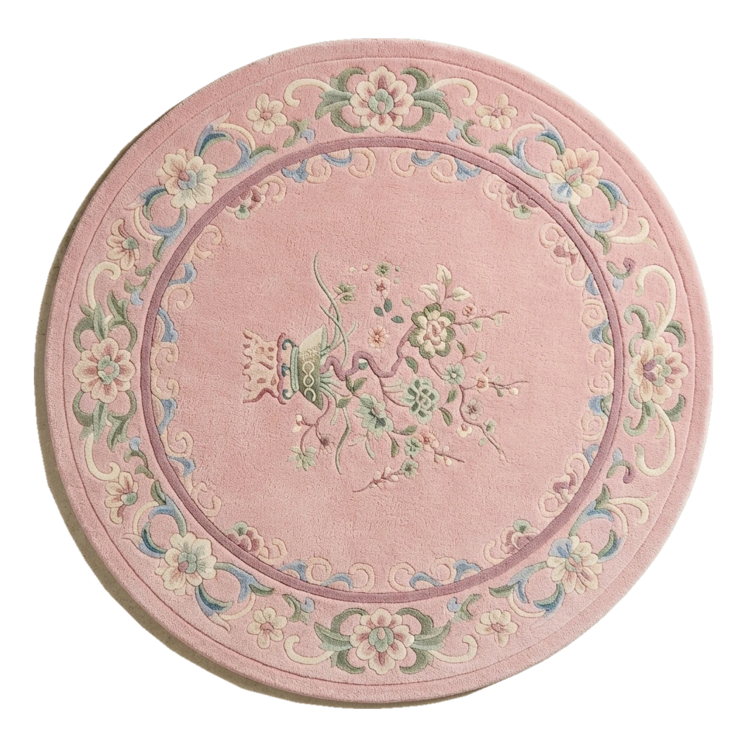 Blush Pink Round Chinese Art Deco Hand-Tufted Rug with Floral Border - alternate view