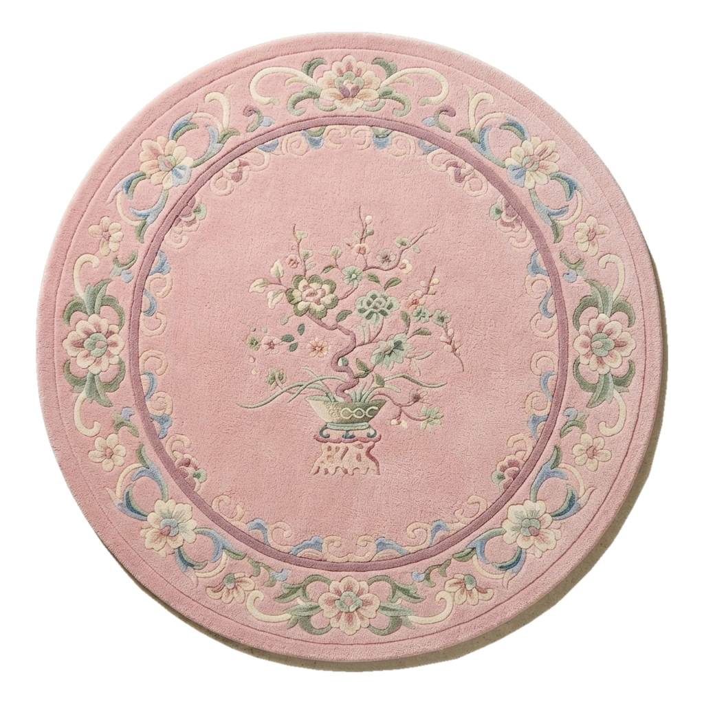 Blush Pink Round Chinese Art Deco Hand-Tufted Rug with Floral Border