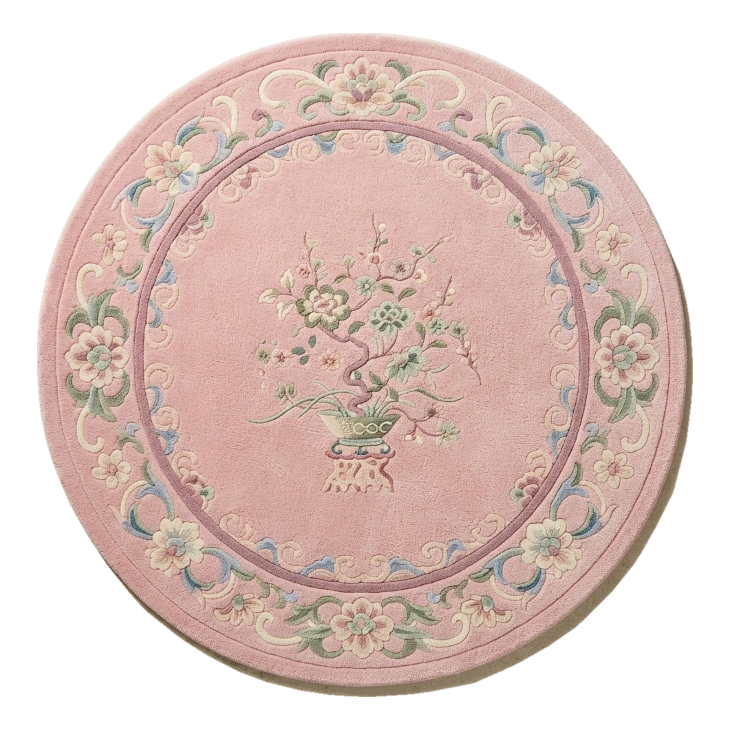 Blush Pink Round Chinese Art Deco Hand-Tufted Rug with Floral Border
