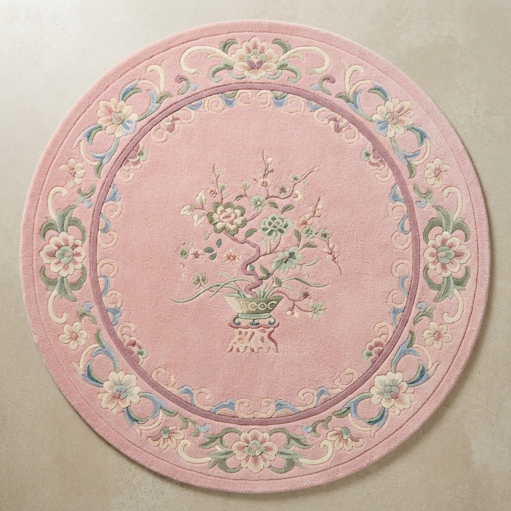 Blush Pink Round Chinese Art Deco Hand-Tufted Rug with Floral Border - studio photo