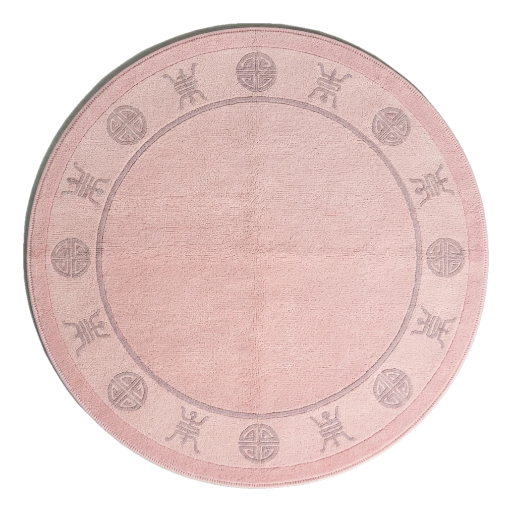 Blush Pink Round Hand-Knotted Rug with Mauve Shou Border - alternate view