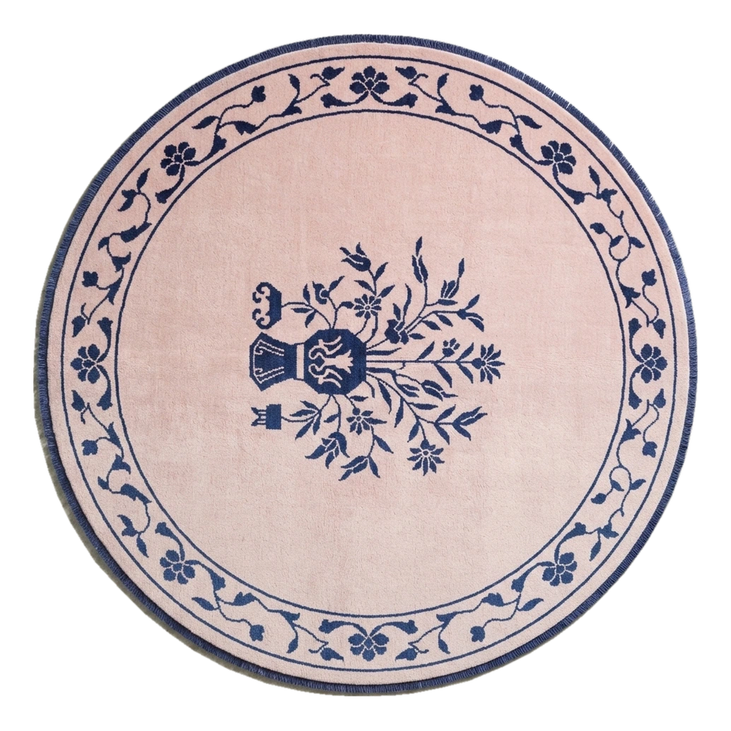 Blush Pink Round Hand-Knotted Rug with Navy Floral Vase - alternate view