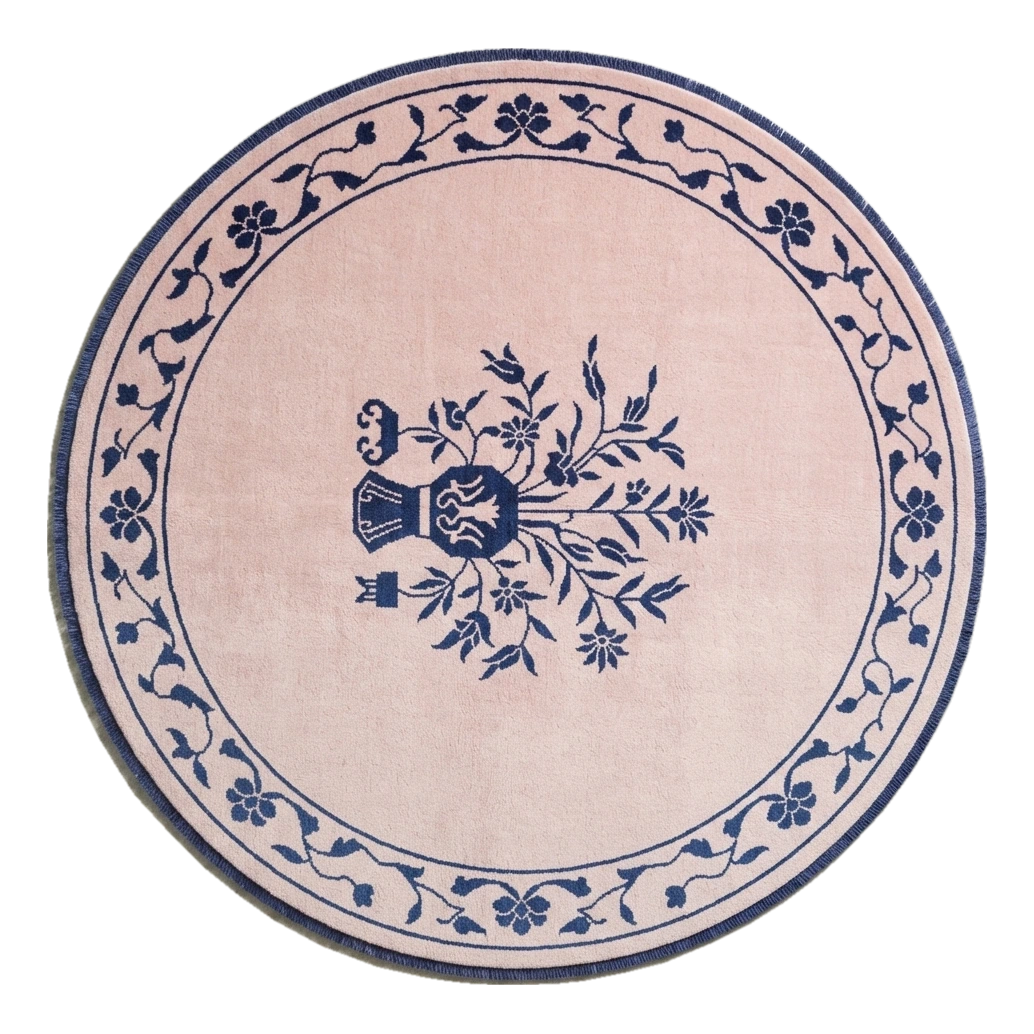 Blush Pink Round Hand-Knotted Rug with Navy Floral Vase - alternate view