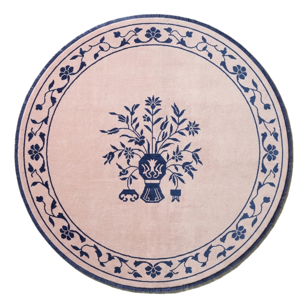 Blush Pink Round Hand-Knotted Rug with Navy Floral Vase