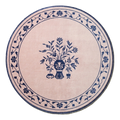 Blush Pink Round Hand-Knotted Rug with Navy Floral Vase