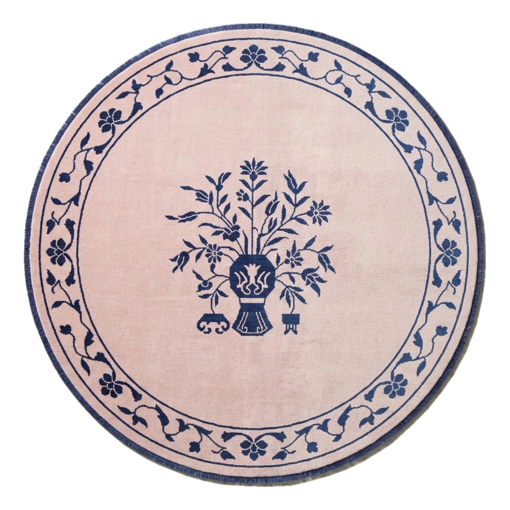 Blush Pink Round Hand-Knotted Rug with Navy Floral Vase