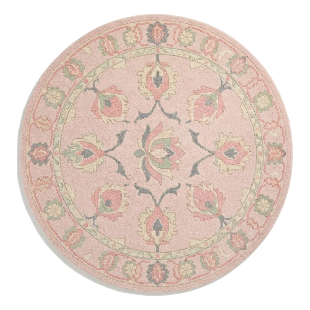Blush Pink Round Hand-Tufted Rug with Coral Floral Medallion - alternate view