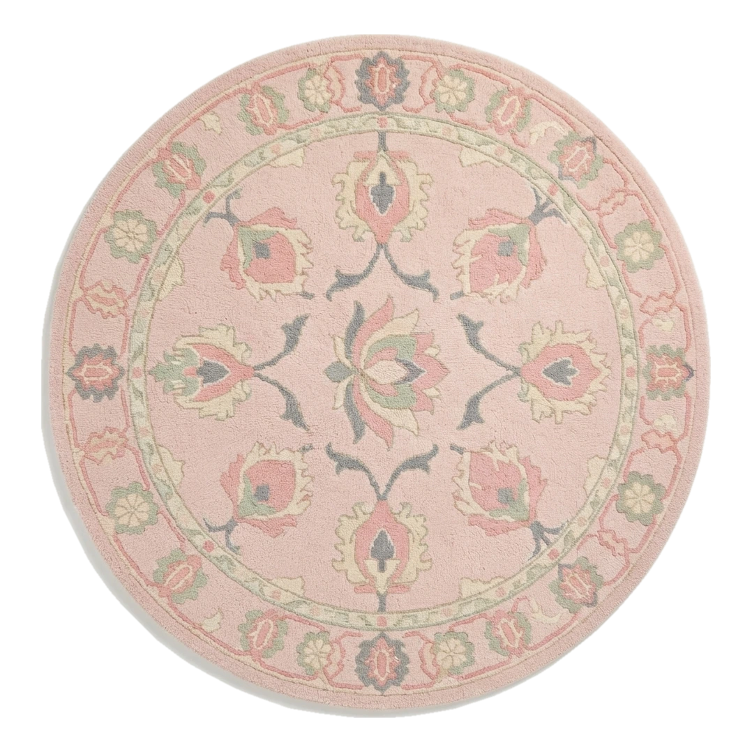 Blush Pink Round Hand-Tufted Rug with Coral Floral Medallion - alternate view