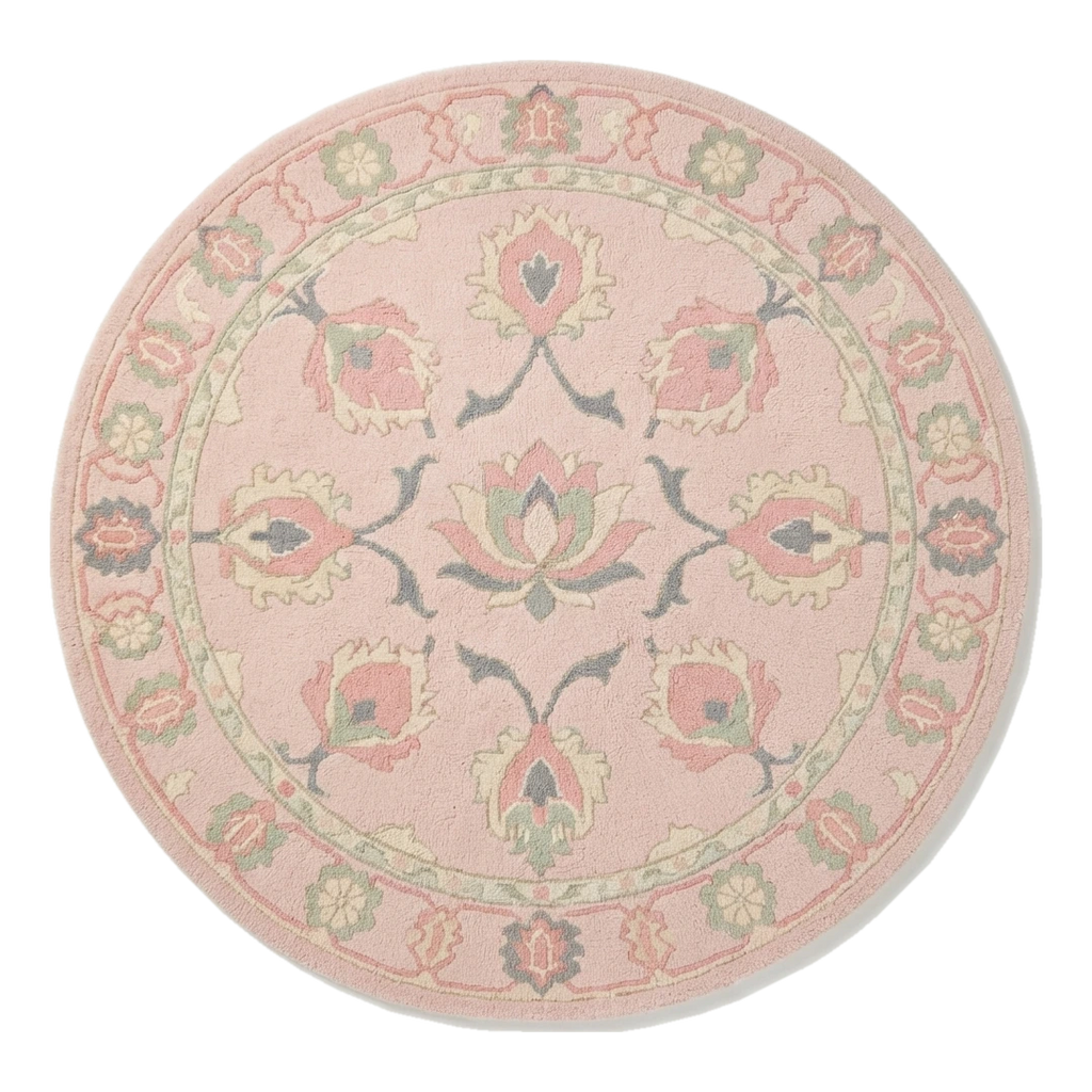 Blush Pink Round Hand-Tufted Rug with Coral Floral Medallion