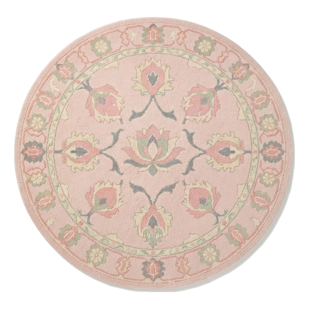 Blush Pink Round Hand-Tufted Rug with Coral Floral Medallion