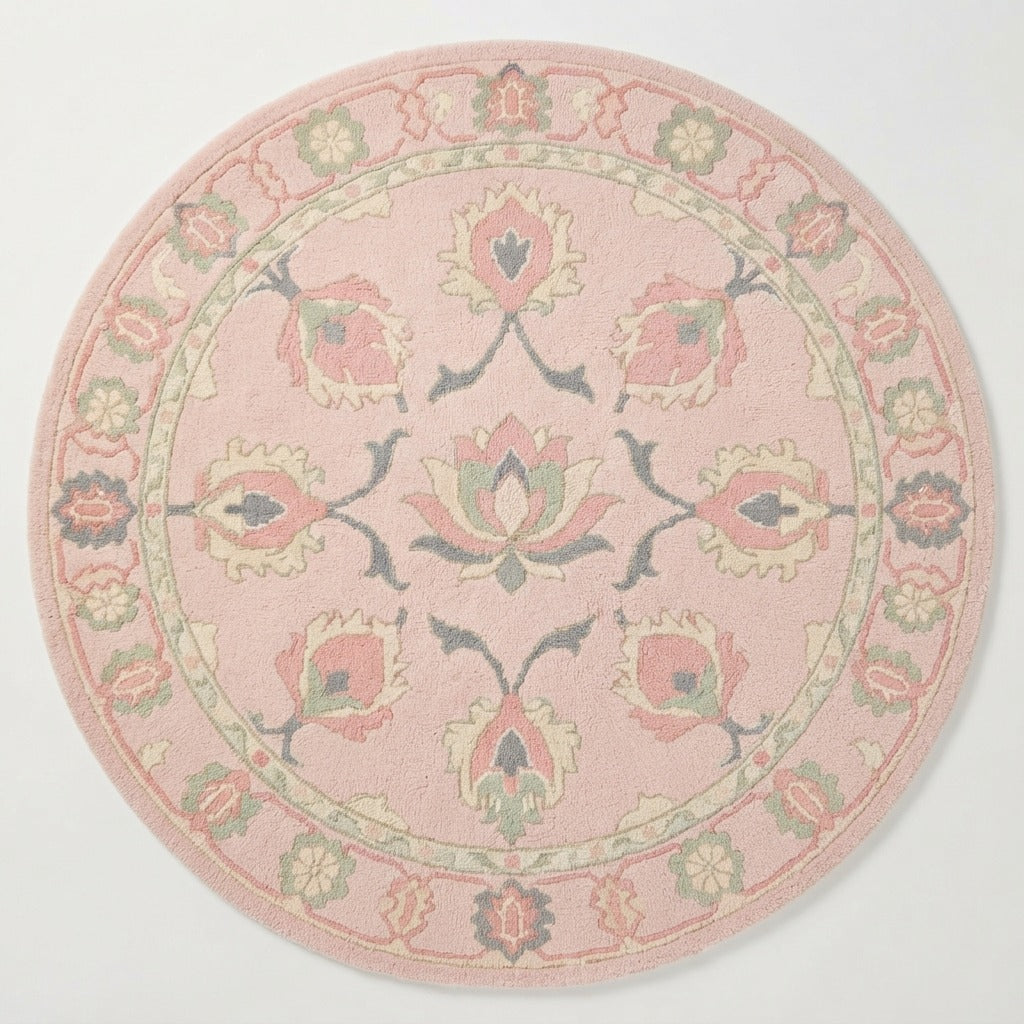 Blush Pink Round Hand-Tufted Rug with Coral Floral Medallion - studio photo