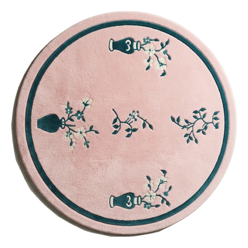 Blush Pink Round Hand-Tufted Rug with Teal Vase Motifs - alternate view