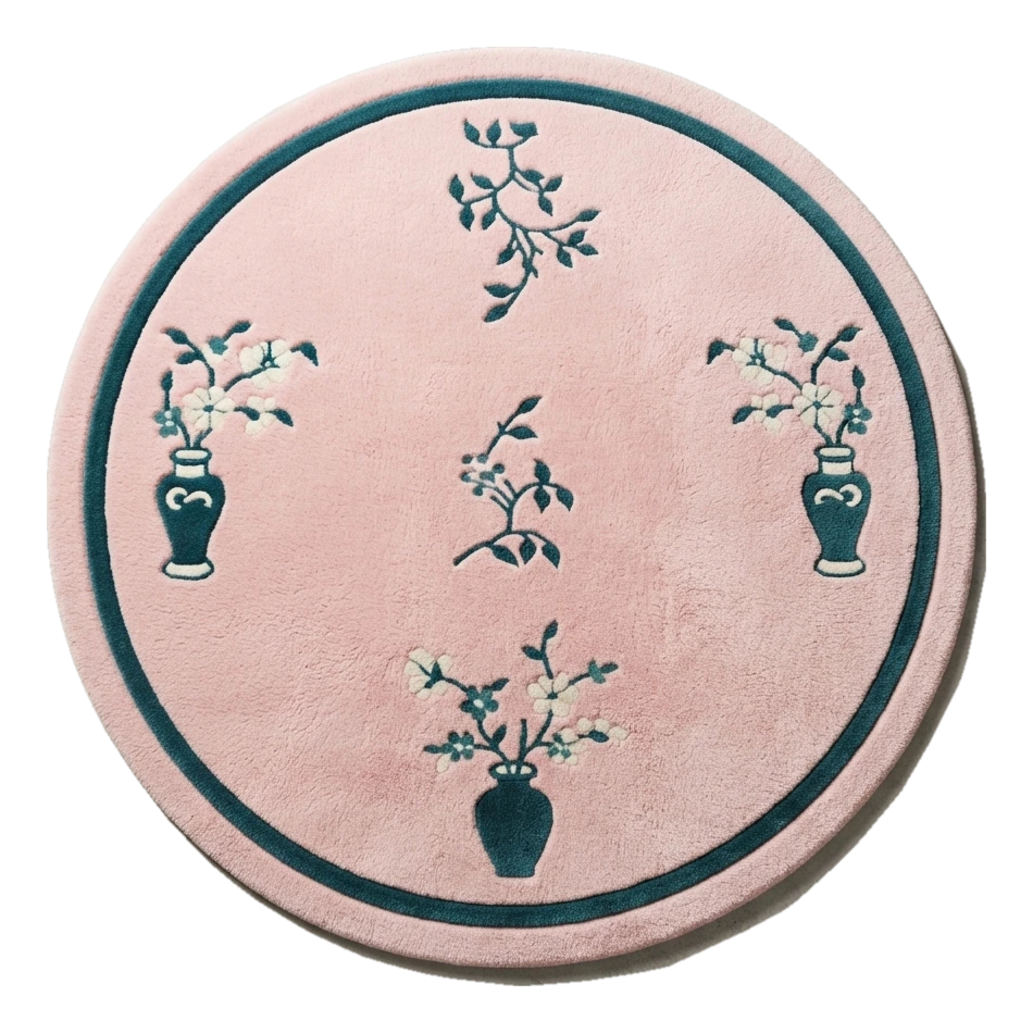 Blush Pink Round Hand-Tufted Rug with Teal Vase Motifs