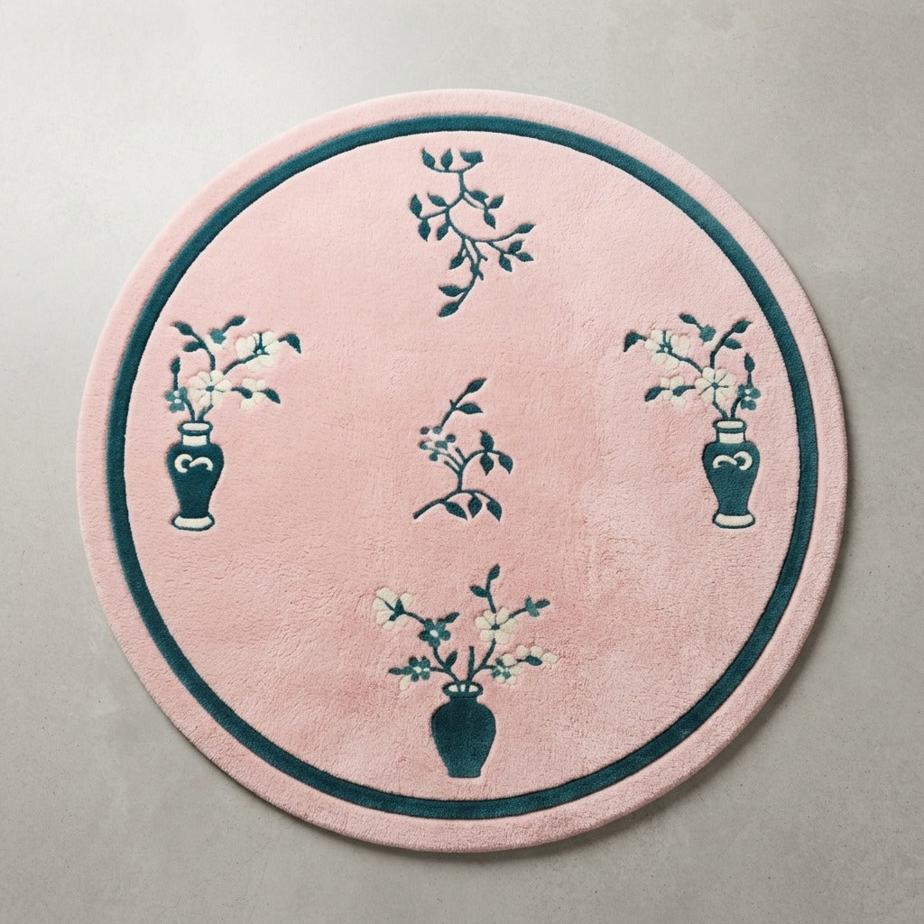 Blush Pink Round Hand-Tufted Rug with Teal Vase Motifs - studio photo