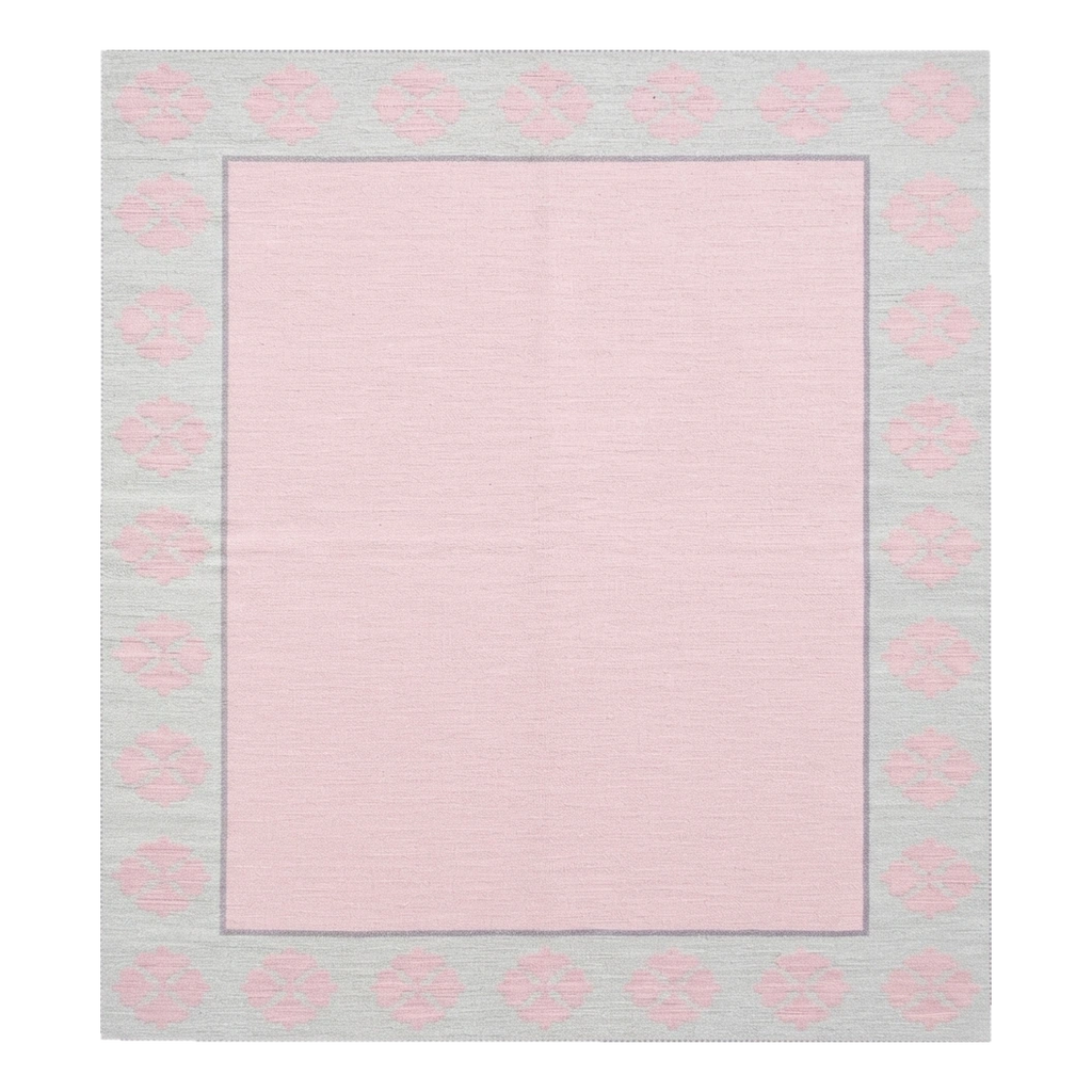 Blush Pink Square Cotton Flat Weave Rug with Grey Floral Medallion Border - alternate view
