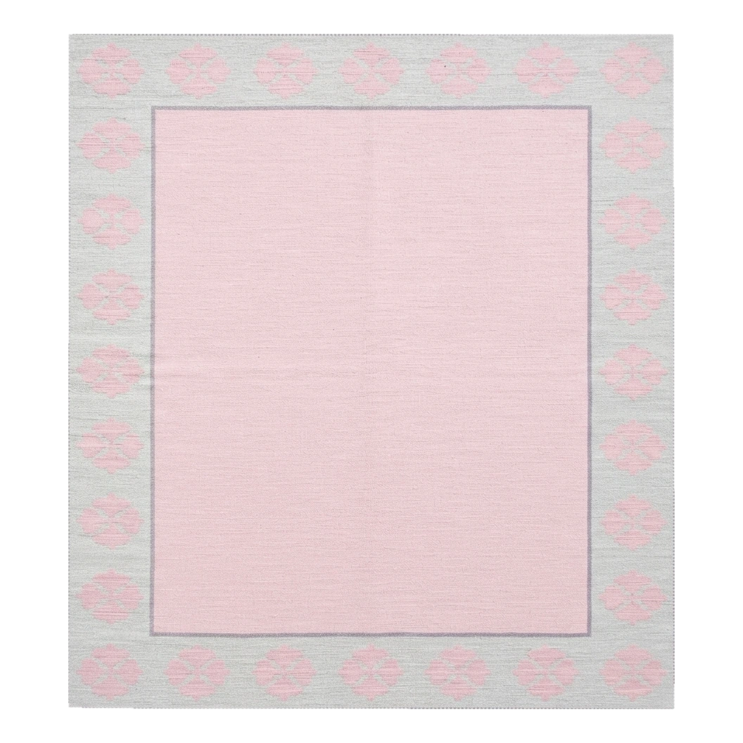 Blush Pink Square Cotton Flat Weave Rug with Grey Floral Medallion Border - alternate view