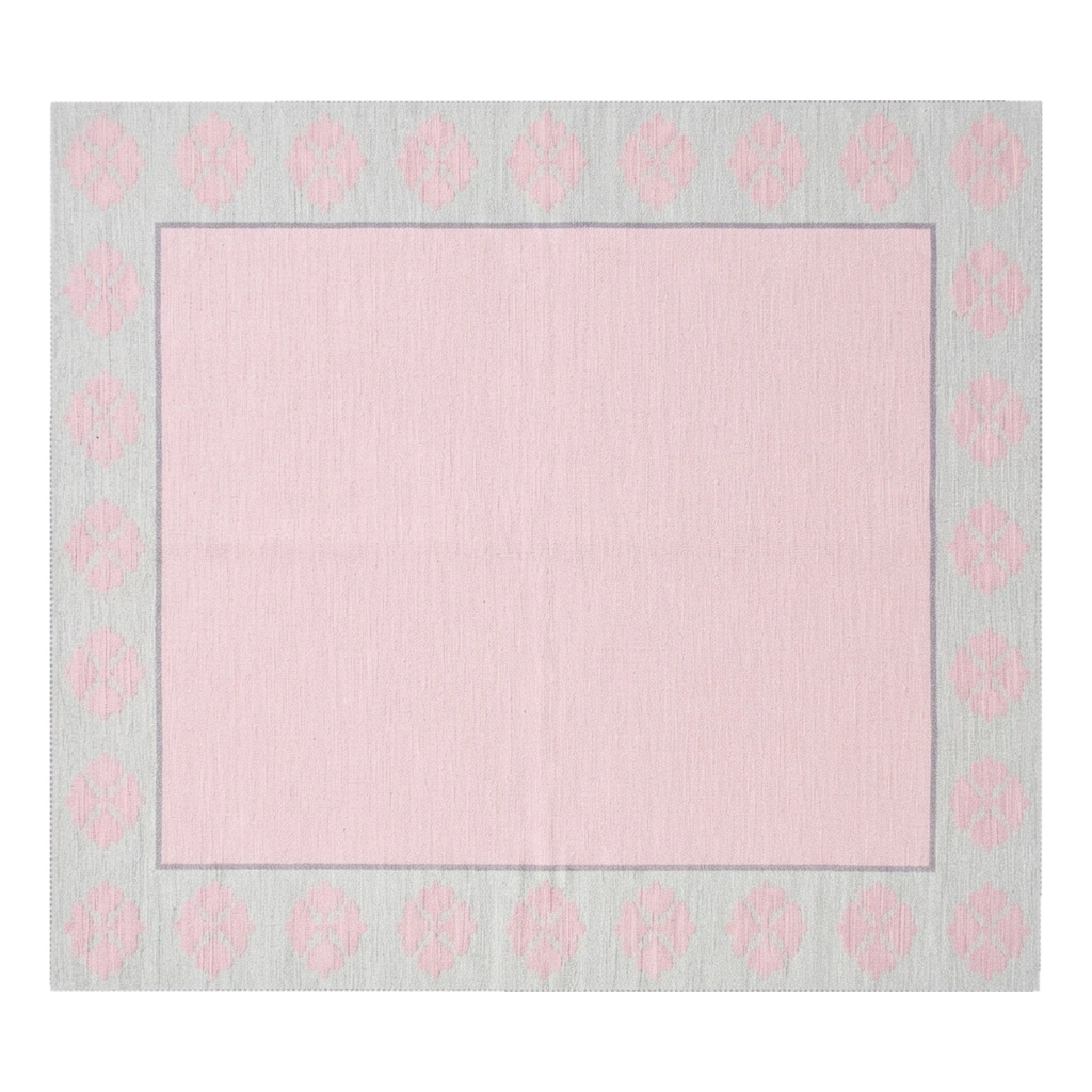 Blush Pink Square Cotton Flat Weave Rug with Grey Floral Medallion Border