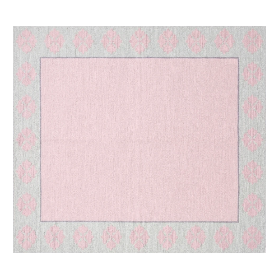Blush Pink Square Cotton Flat Weave Rug with Grey Floral Medallion Border
