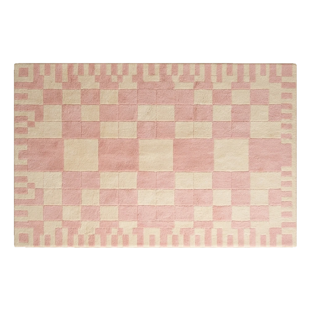 Blush Pink and Cream Checkerboard Hand-Tufted Rug with Pixel Border - alternate view