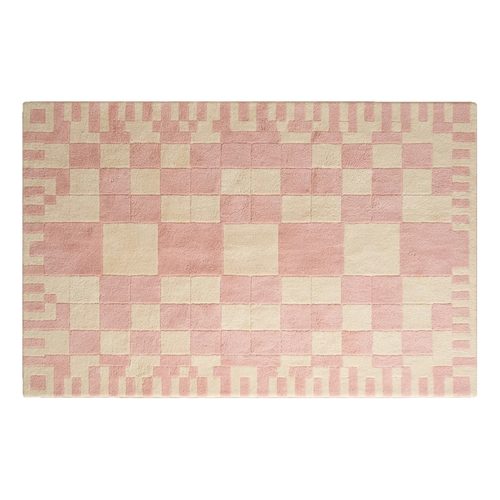 Blush Pink and Cream Checkerboard Hand-Tufted Rug with Pixel Border - alternate view