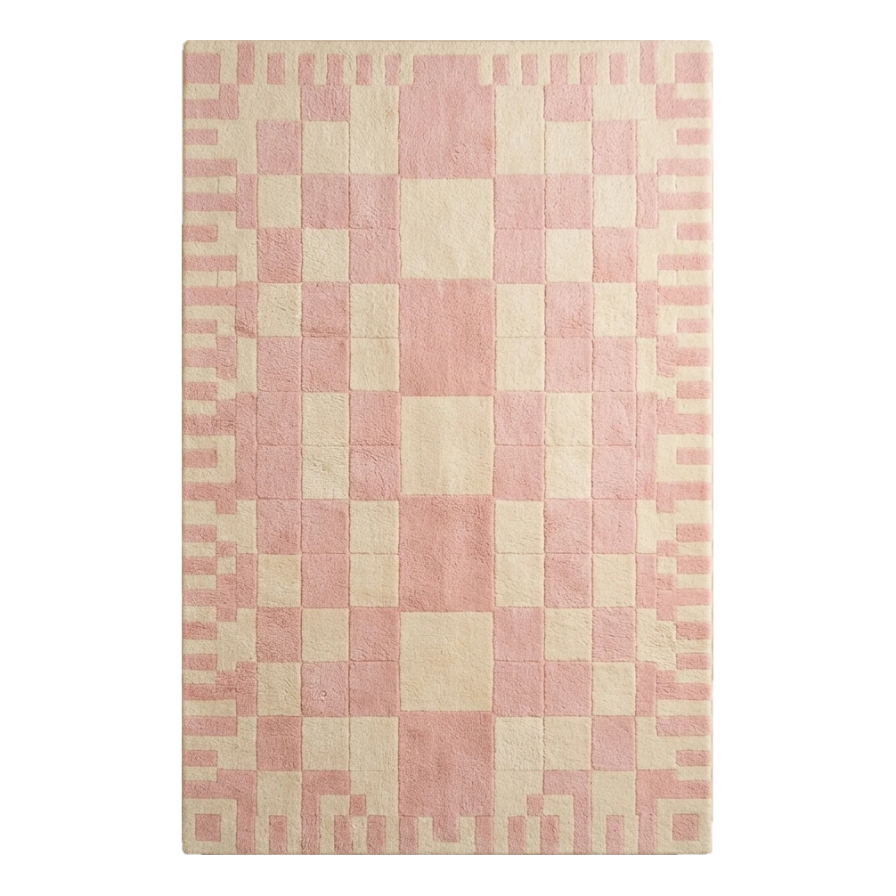 Blush Pink and Cream Checkerboard Hand-Tufted Rug with Pixel Border