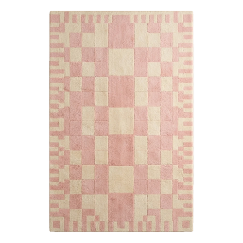 Blush Pink and Cream Checkerboard Hand-Tufted Rug with Pixel Border