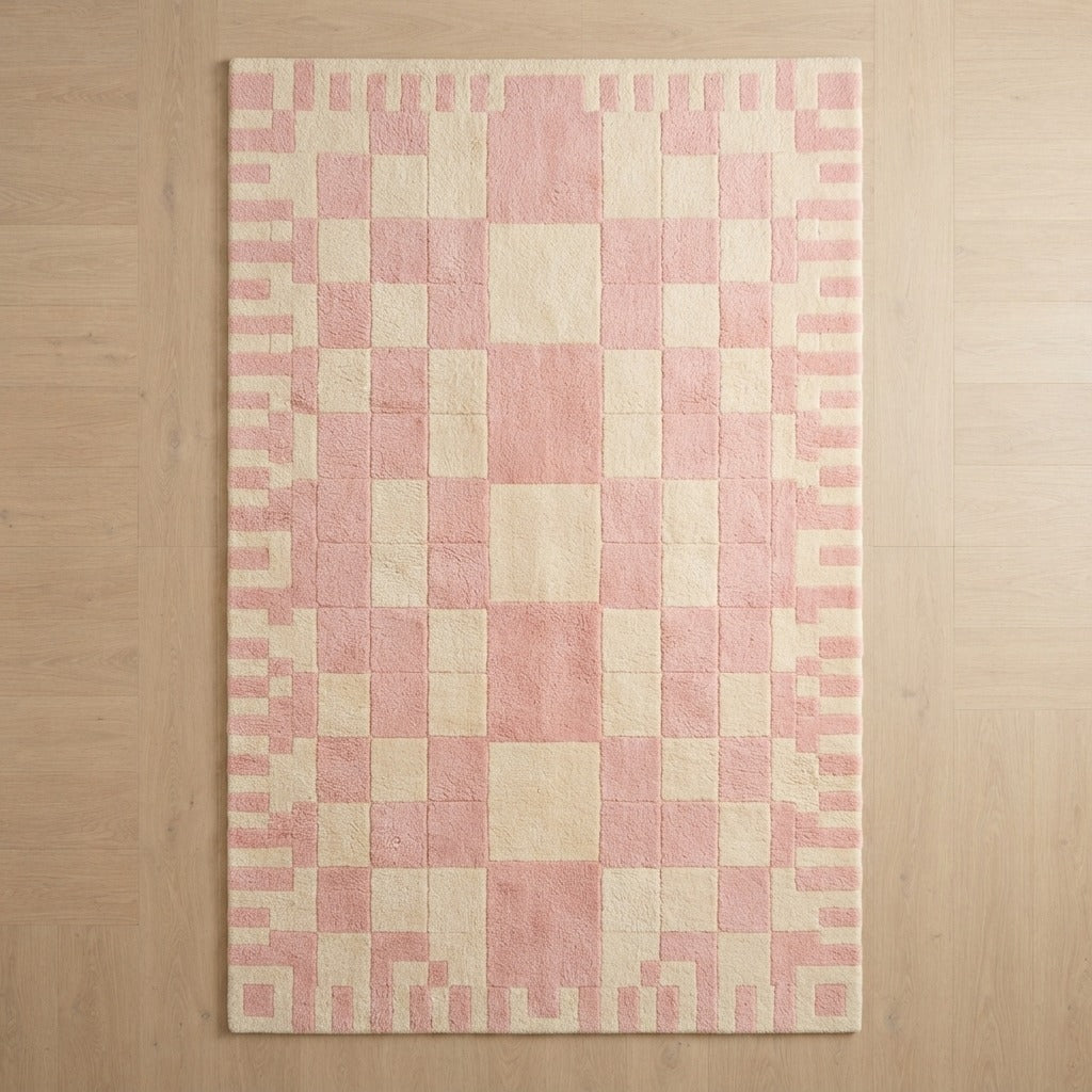 Blush Pink and Cream Checkerboard Hand-Tufted Rug with Pixel Border - studio photo