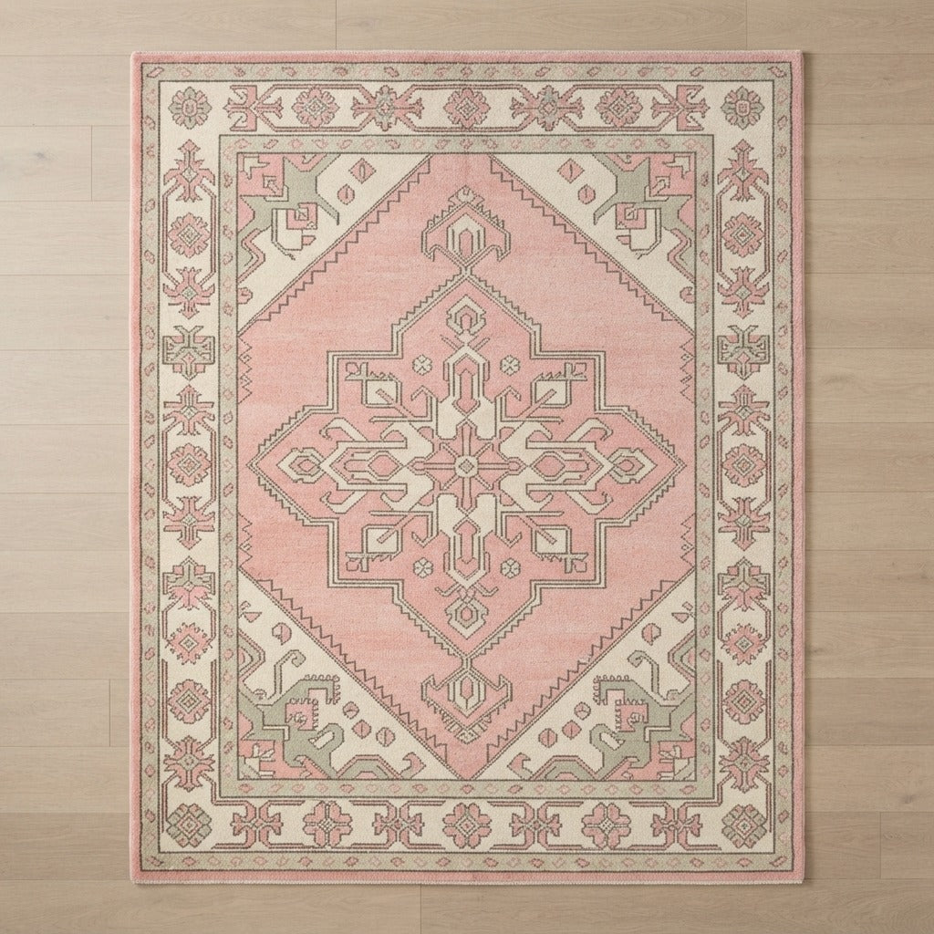 Blush Pink and Ivory Persian Medallion Hand-Tufted Rug - studio photo