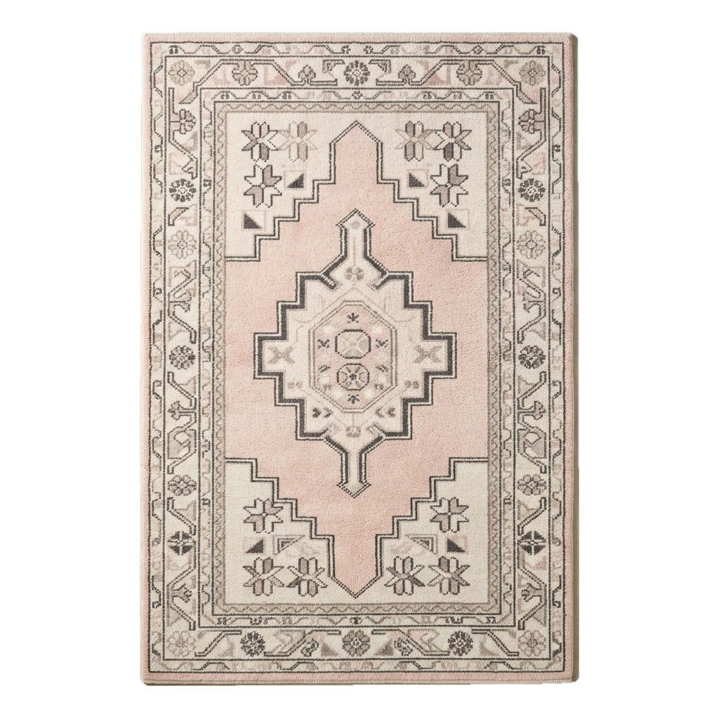 Blush Pink and Ivory Tribal Medallion Hand-Tufted Rug with Charcoal Accents