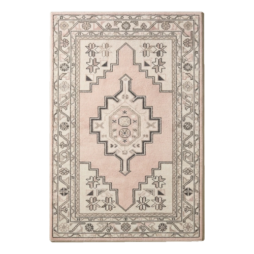 Blush Pink and Ivory Tribal Medallion Hand-Tufted Rug with Charcoal Accents