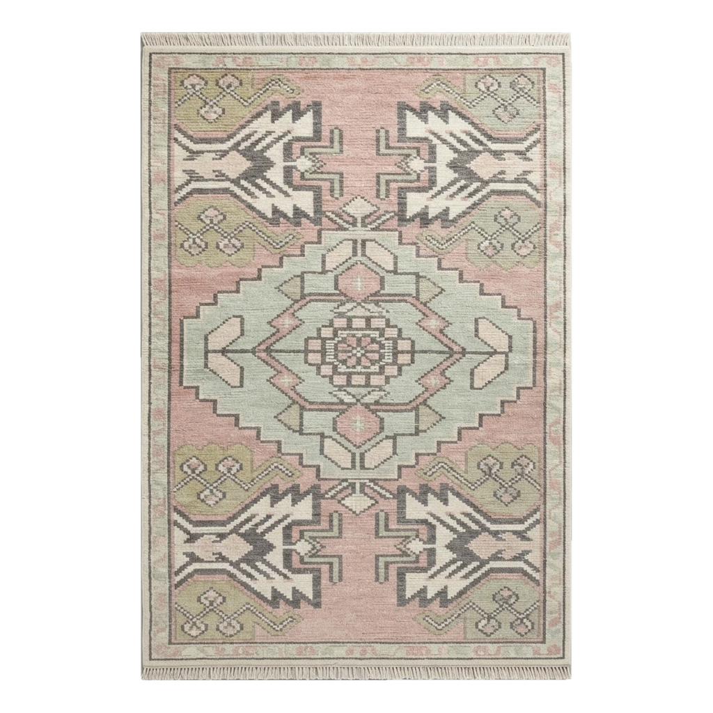 Blush Pink and Sage Tribal Medallion Hand-Knotted Rug - alternate view
