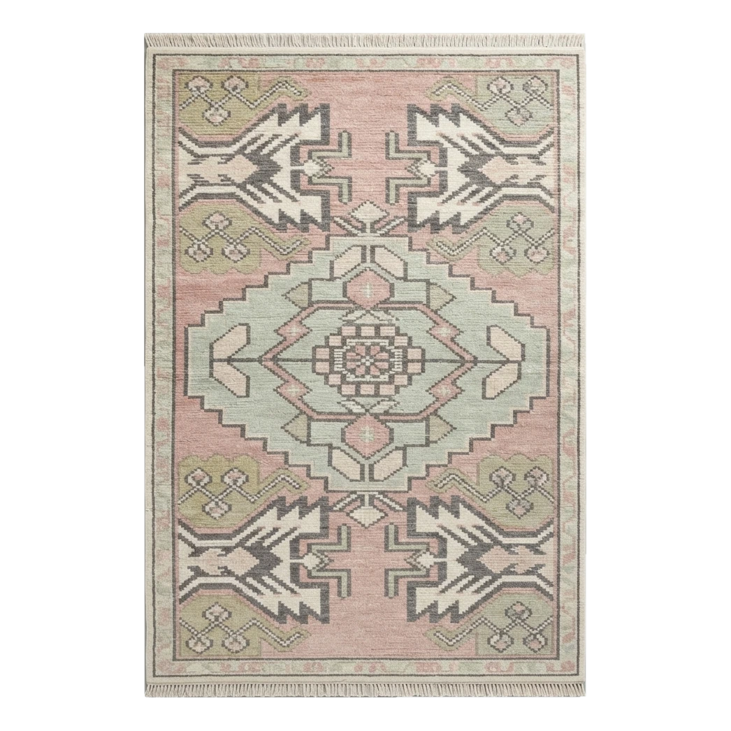 Blush Pink and Sage Tribal Medallion Hand-Knotted Rug - alternate view