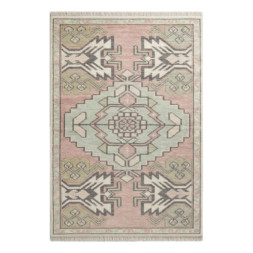 Blush Pink and Sage Tribal Medallion Hand-Knotted Rug - alternate view