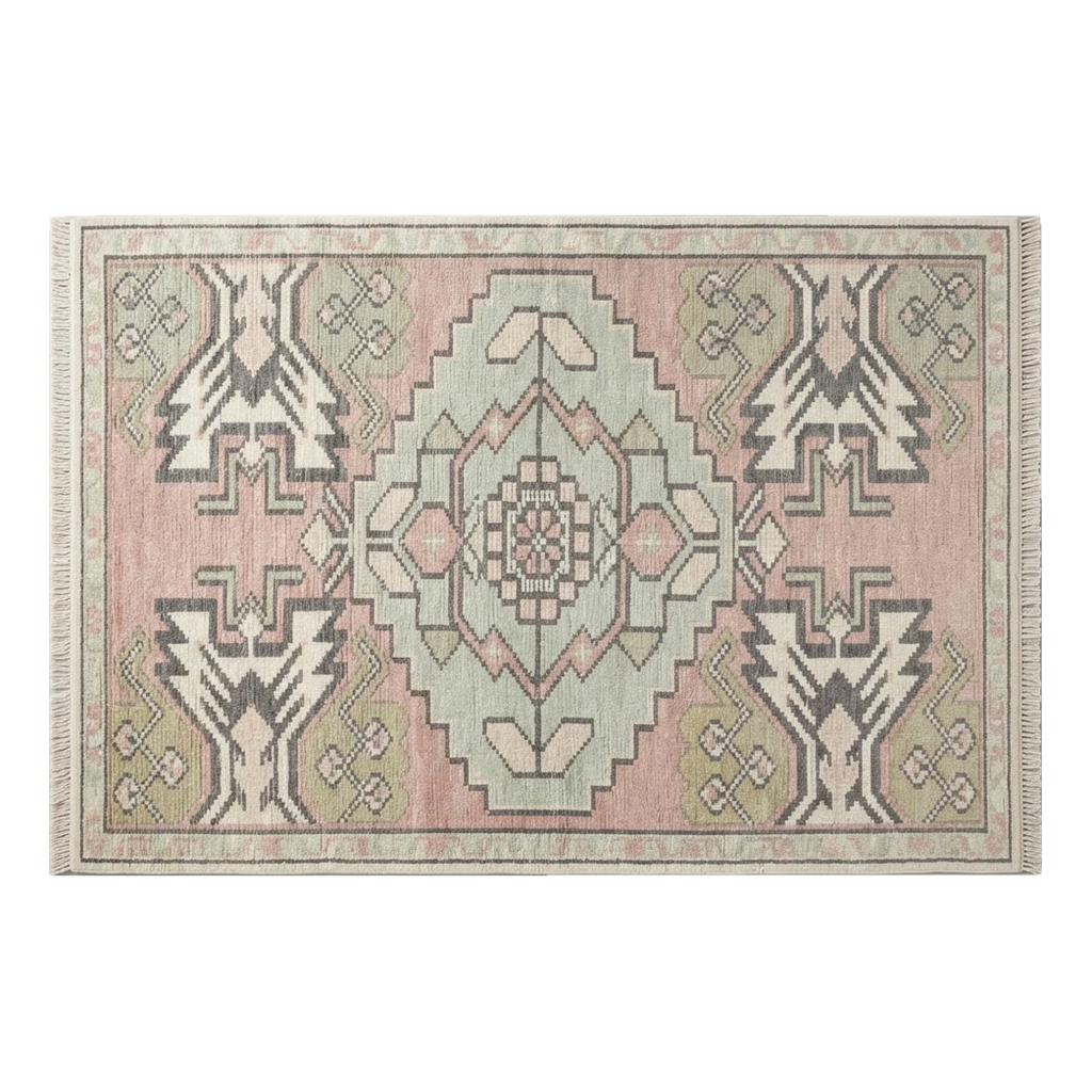 Blush Pink and Sage Tribal Medallion Hand-Knotted Rug