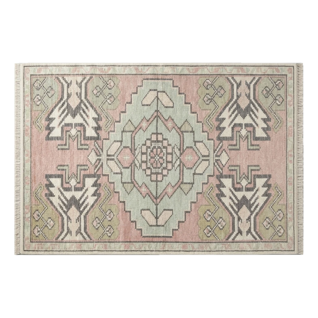 Blush Pink and Sage Tribal Medallion Hand-Knotted Rug