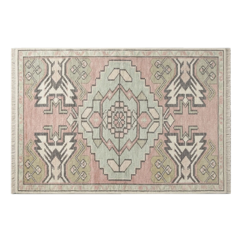 Blush Pink and Sage Tribal Medallion Hand-Knotted Rug