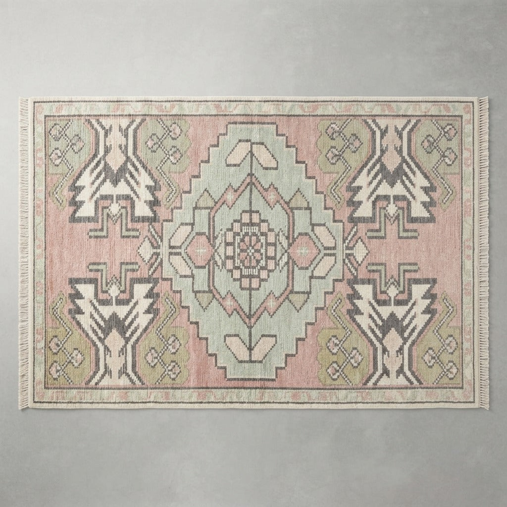 Blush Pink and Sage Tribal Medallion Hand-Knotted Rug - studio photo
