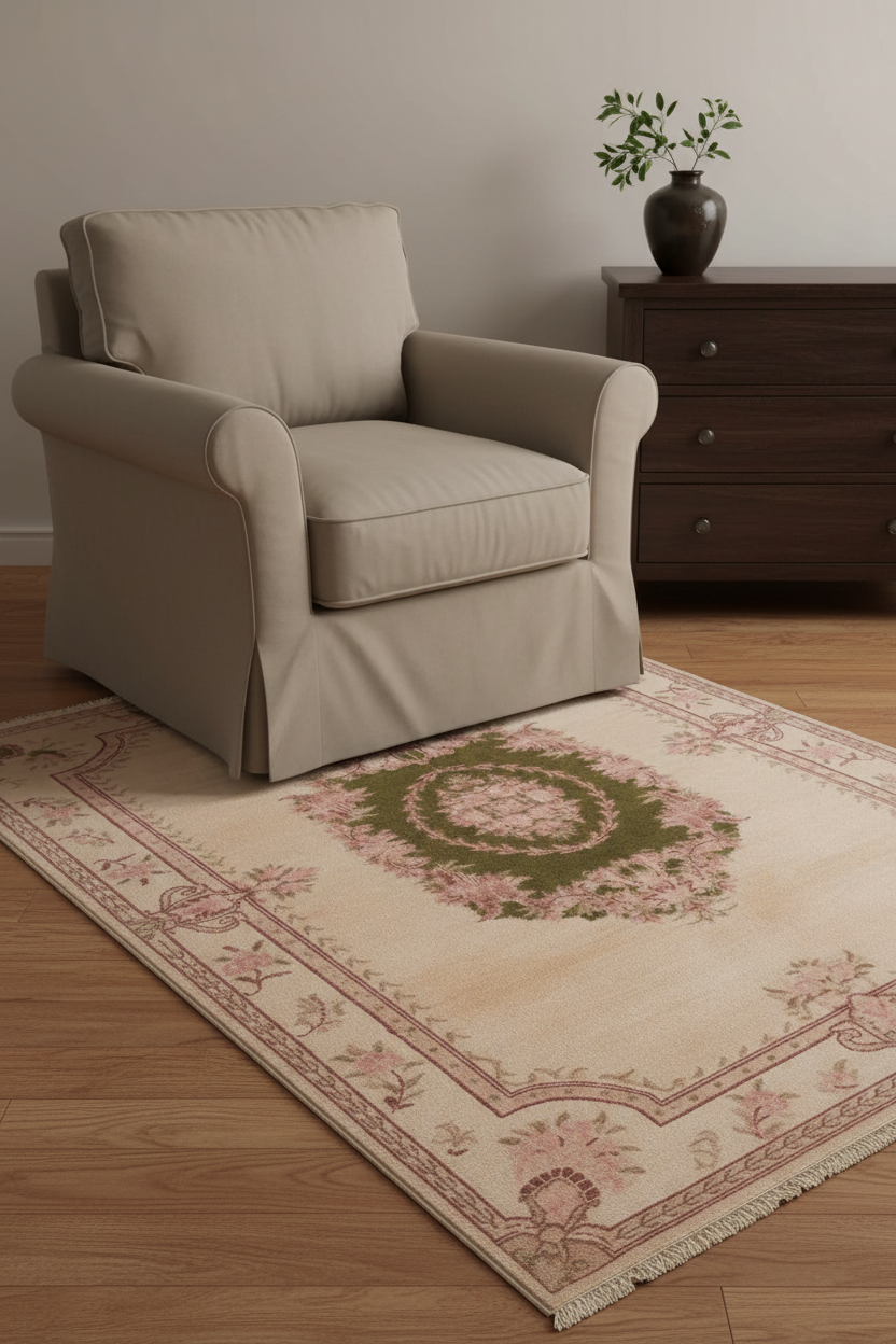 A beige slipcovered armchair sits on a cream and pink patterned area rug with a green central medallion, placed on a light wood floor in a styled room with a dark wood chest of drawers and a vase of greenery.