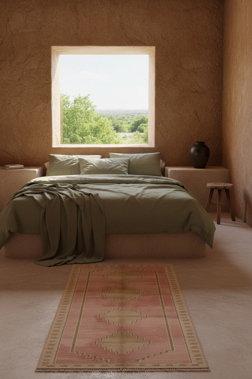 A styled bedroom interior with a low platform bed dressed in muted sage green bedding, a pink and beige patterned rug in front, textured stucco walls, and a window showing greenery outside.