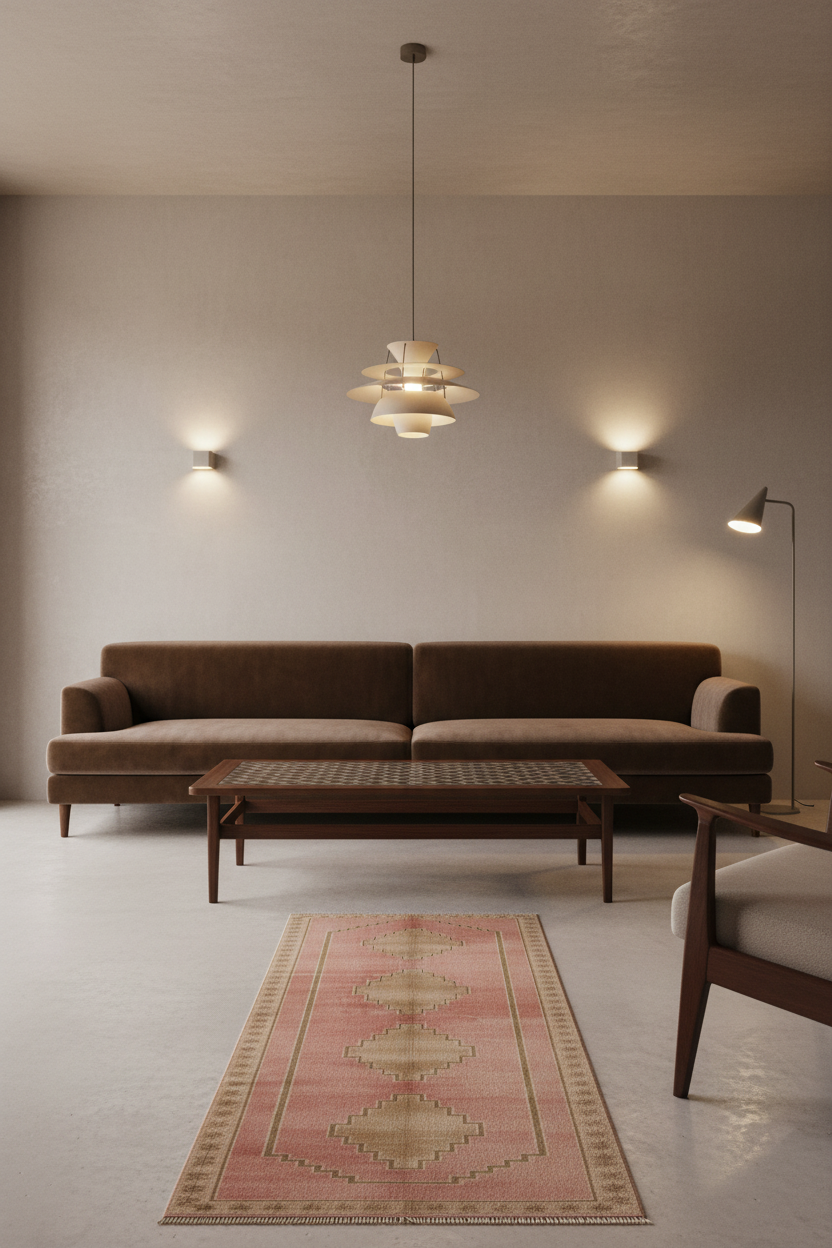 A modern living room scene featuring a brown leather sofa, a pink and beige patterned runner rug, a wooden coffee table, and a multi-tiered pendant light hanging from the ceiling.