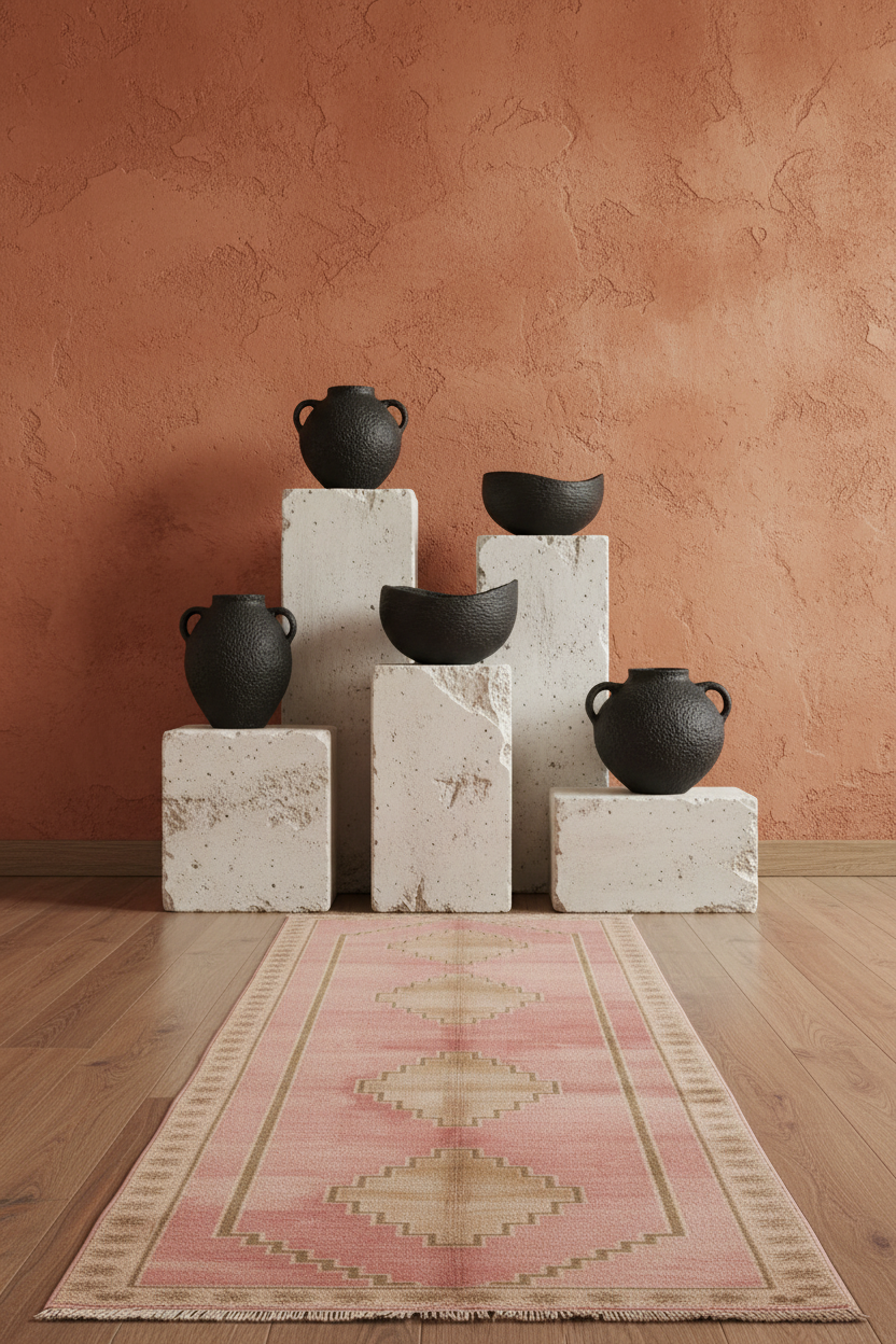 A styled interior scene showing a pink and beige runner rug on a wood floor, with several matte black ceramic vases and bowls arranged on white stone blocks against a textured terracotta wall.