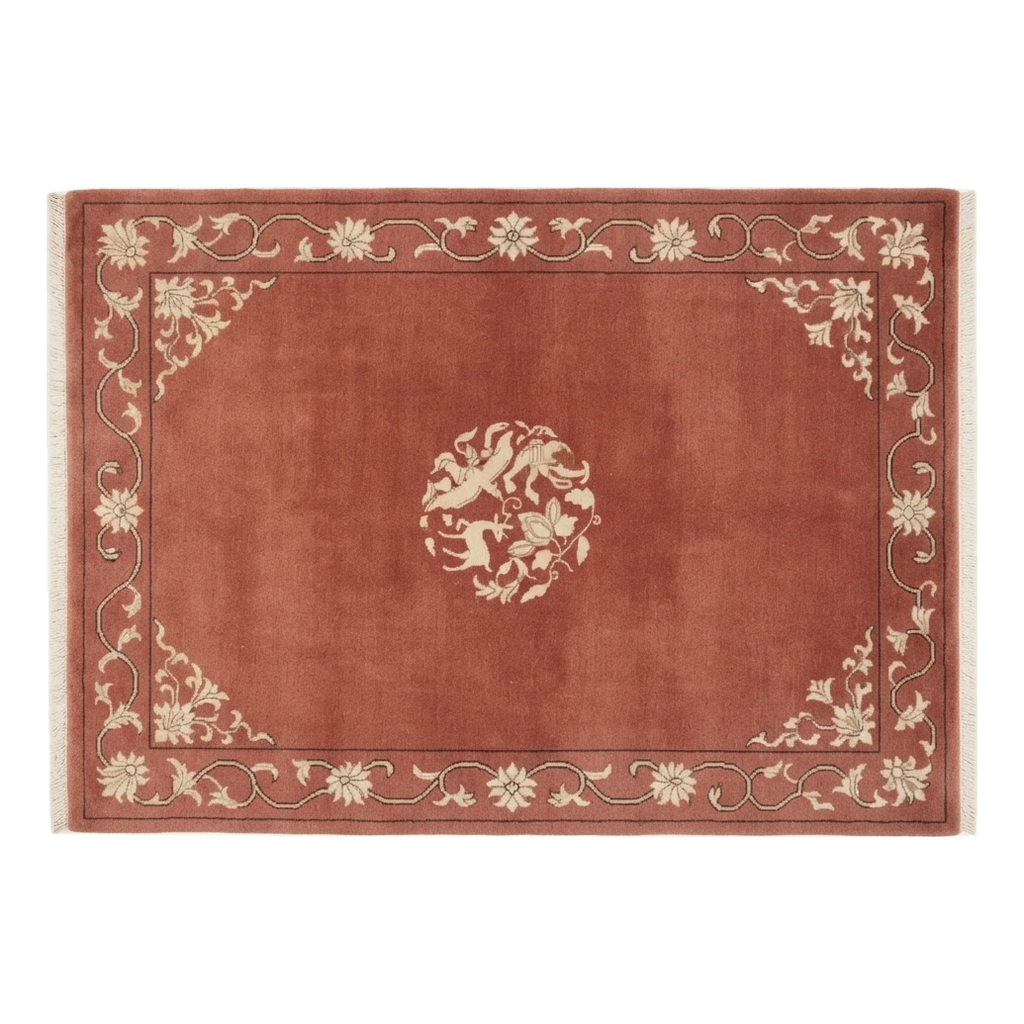 Brick Red Hand-Knotted Rug with Ivory Floral Vine Border and Roundel - alternate view