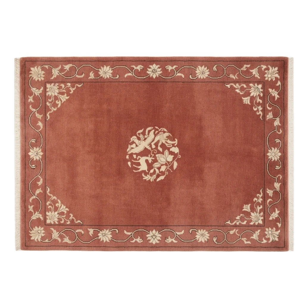 Brick Red Hand-Knotted Rug with Ivory Floral Vine Border and Roundel - alternate view